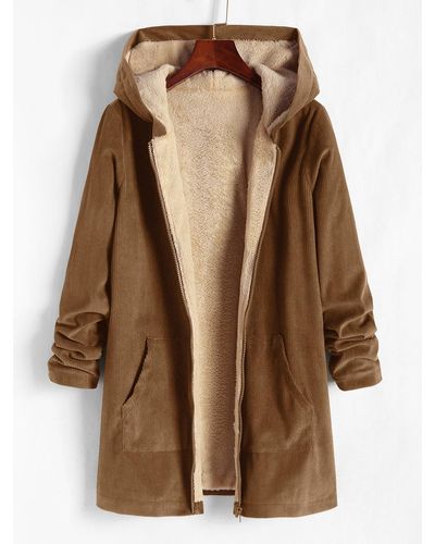 Zaful Fashion portable abrigo con capucha de pana bolsillos - Marrón