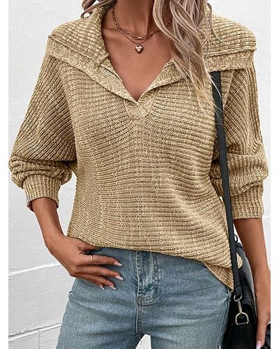 Zaful Daily Slouchy Turn Down Collar Heathered Knit Long Sleeve Pullover Sweater Sweater - Brown