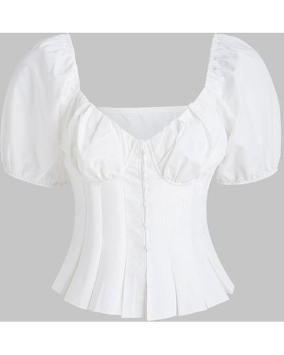 Zaful Multi Way Ruffles Puff Short Sleeve Buttons Off Shoulder Corset Style Milkmaid Top - White