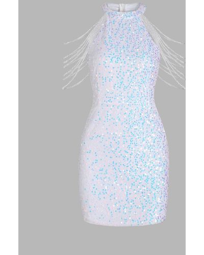 Zaful Mini Dress Sparkly Sequined Chain Beads Cocktail Party Formal Bodycon Round Collar Long Sleeve High Neck Dress - Blue