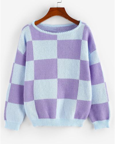 Zaful Checkered Drop Shoulder Sweater Sweater - Purple