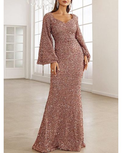Zaful Sweetheart Neck Sequined Long Flare Sleeve Party Prom Evening Gown Mermaid Maxi Dress - Brown