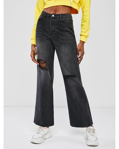 Zaful Ripped High Waisted Wide Leg Jeans - Black