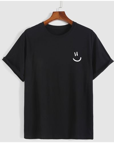 Zaful Cartoon Smile Face Printed Basic Short Sleeve Crew Neck 100% Cotton Summer T-shirt - Blue