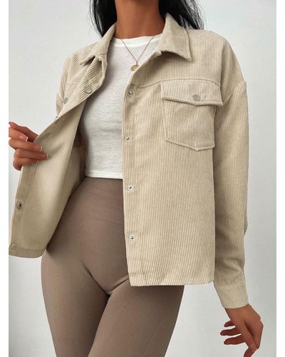 Zaful Double Pockets Corduroy High Low Shacket - Natural