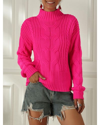 Zaful High Neck Cable Knit Neon Hot Pink Sweater