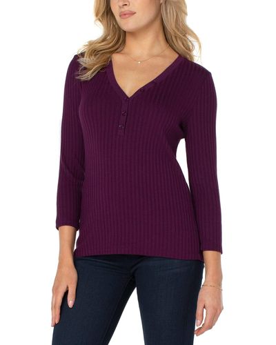 Liverpool Los Angeles 3/4 Sleeve Button Front Rib Knit Henley Top - Purple