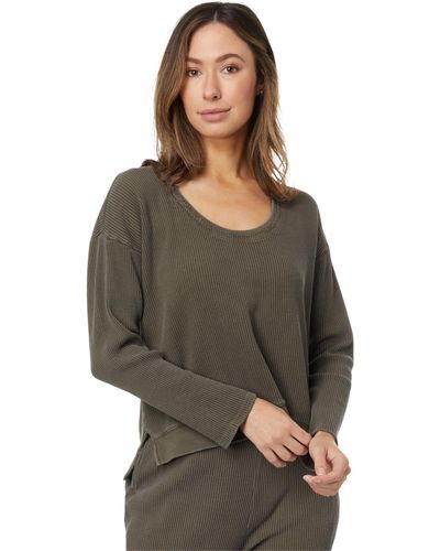 Mod-o-doc Washed Waffle Long Sleeve Open Neck Top - Gray
