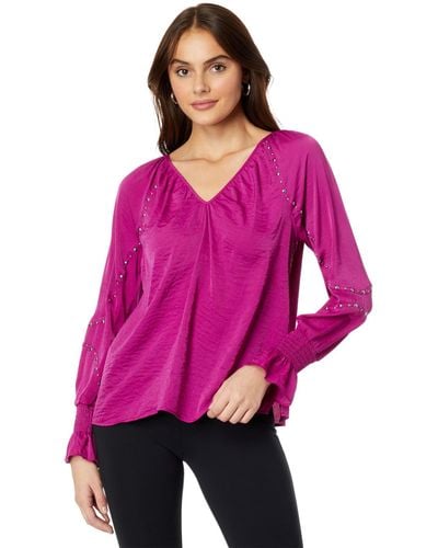 Vince Camuto Embroidered V-neck Long Sleeve Blouse - Purple