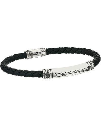 John Hardy Classic Chain Silver Station Bracelet On 5 Mm Braided Leather With Pusher Clasp - Black