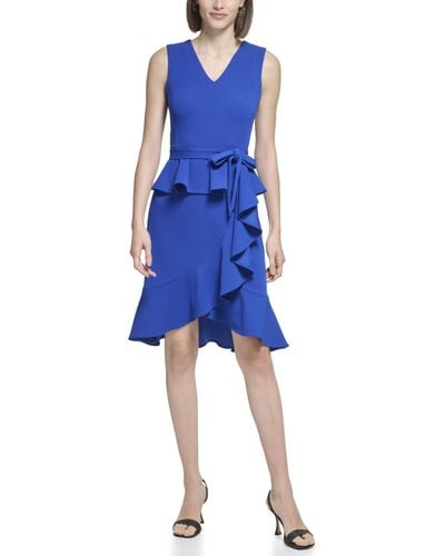 Calvin Klein Scuba Crepe V-neck Dress With Ruffle Skirt - Blue