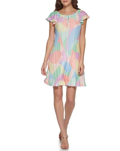 DKNY Short Sleeve Pleated Dress - Multicolor