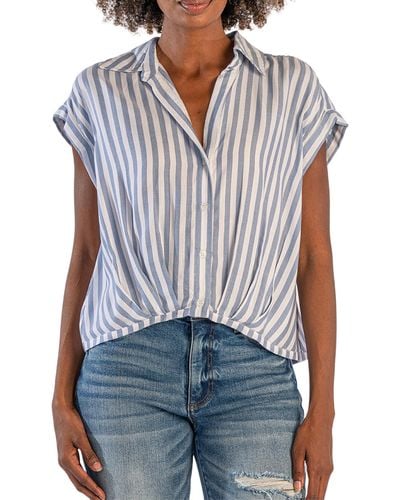 Kut From The Kloth Gaia- Pleated Top With Short Cuffed Sleeves - Blue