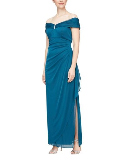 Alex Evenings Long Off-the-shoulder Mesh Dress With Embellished Neckline - Blue