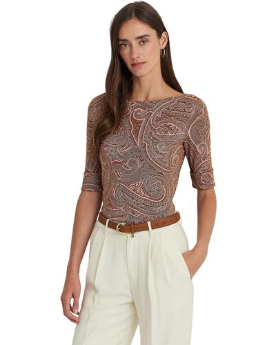 Lauren by Ralph Lauren Paisley Stretch Cotton Boatneck Tee - Brown