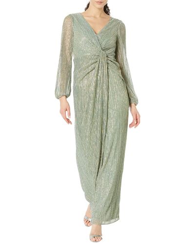 Adrianna Papell Long Sleeve Crinkle Metallic Gown With Draped Waist Detail - Green