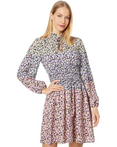 Vince Camuto Printed Cdc Ruffle Tie Neck Balloon Sleeve Smock Waist Fit-and-flare - Pink