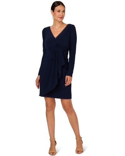 Adrianna Papell Long Sleeve Strecth Jersey Side Draped Dress - Blue
