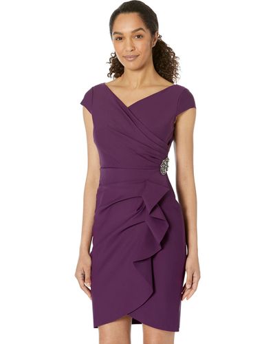 Alex Evenings Short Sheath Dress With Surplice Neckline And Cascade Skirt Detail - Purple