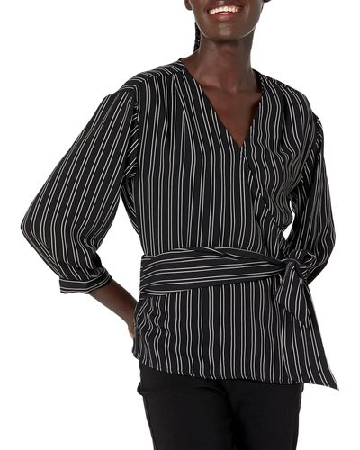 Calvin Klein Stripe 3/4 Sleeve Wrap Top With Belt - Black