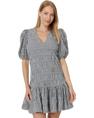 Calvin Klein Gingham Print Gauze Dress With Puff Sleeve - Gray