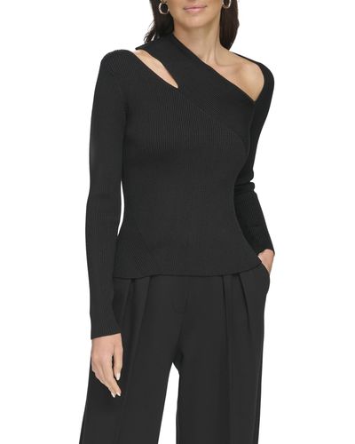 DKNY Long Sleeve Ribbed Cutout Sweater - Black