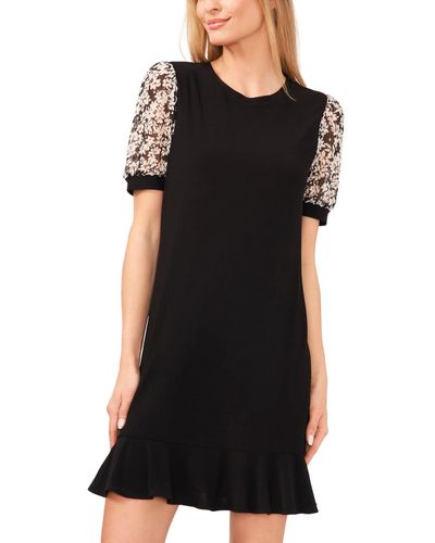 Cece Puff Short Sleeve Mixed Media Knit Dress - Black