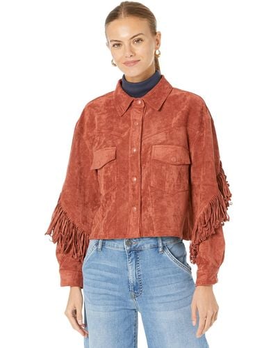 Blank NYC Faux Suede Fringe Shirt Jacket In Bounce Back - Red