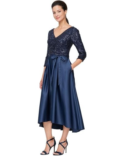 Alex Evenings Midi Length Party Dress With Surplice Neckline, Tie Belt And Full Skirt - Blue