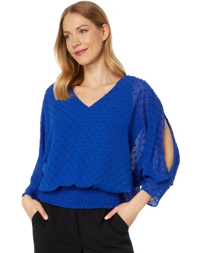 Vince Camuto V-neck Smocked Waist Blouse With Shirring - Blue