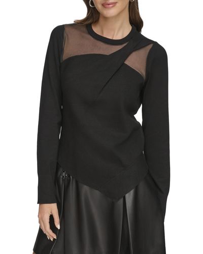 DKNY Long Sleeve Asymmetrical Hem Sheer Sleeve Sweater - Black