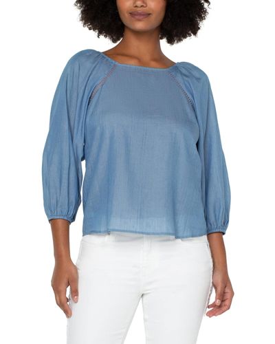 Liverpool Los Angeles 3/4 Pull Sleeve Square Neck Woven Top With Trim - Blue