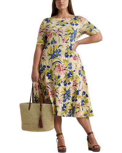 Lauren by Ralph Lauren Plus-size Floral Stretch Cotton Midi Dress - Yellow
