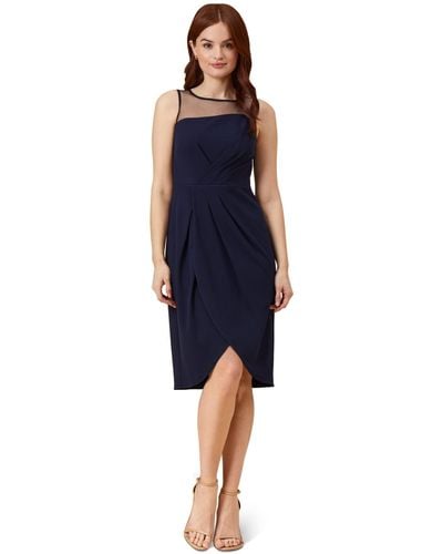 Adrianna Papell Stretch Crepe Draped Cocktail Dress With Illusion Neckline - Blue