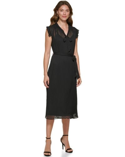 DKNY Short Sleeve Neck Pleated Midi Dress - Black