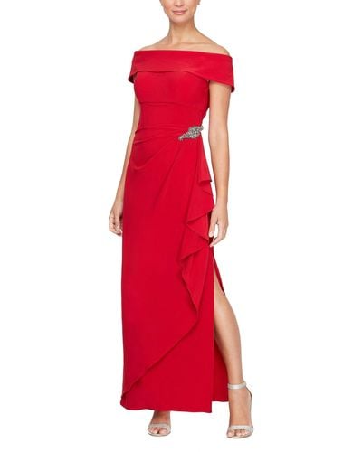 Alex Evenings Long Matte Jersey Off The Shoulder Gown With Hip Embellishment - Red