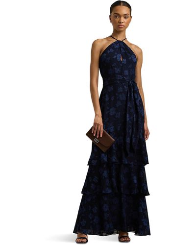 Lauren by Ralph Lauren Floral Jacquard Halter Gown - Blue