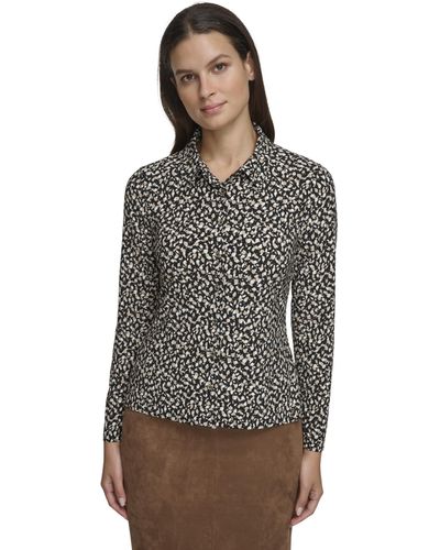 Tommy Hilfiger Long Sleeve Button Front Top - Brown