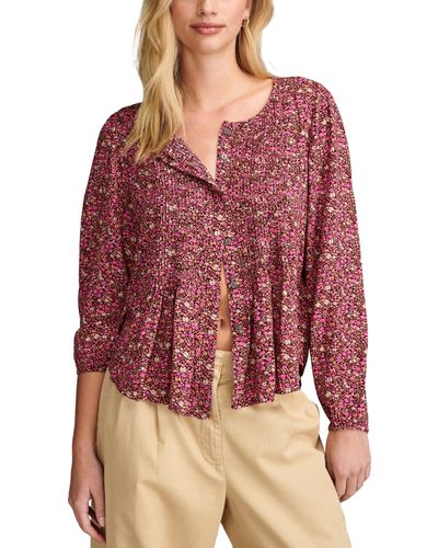 Lucky Brand Printed Button Down Pintuck Top - Red