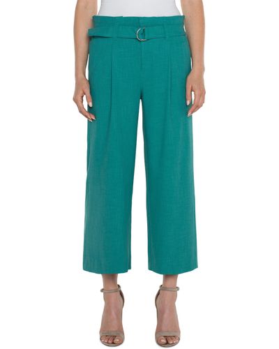 Liverpool Los Angeles Belted Mid Rise Paper Bag Wide Leg Crop Stretch Woven Pants - Green