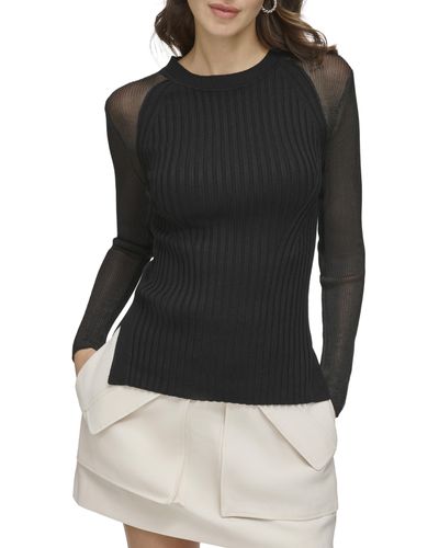 DKNY Long Sleeve Sheer Yarn Combo Sweater - Black