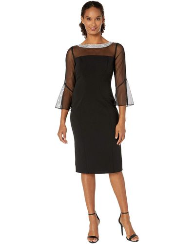 Alex Evenings Short Shift Dress With Beaded Illusion Neckline And Bell Sleeves - Black