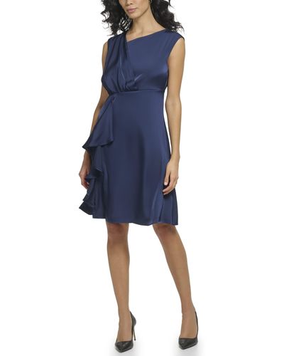 DKNY Sleeveless Ruffled Fit-and-flare Mixed Media Dress - Blue