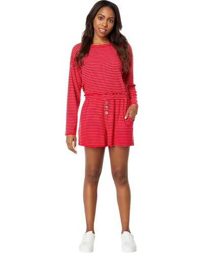 Mod-o-doc Cozy Stripe Rib Long Sleeve Crew And Paperbag Shorts Set - Red