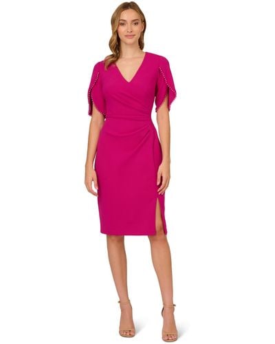 Adrianna Papell Stretch Crepe Side Ruched Dress With Pearl Trim Sleeves - Pink