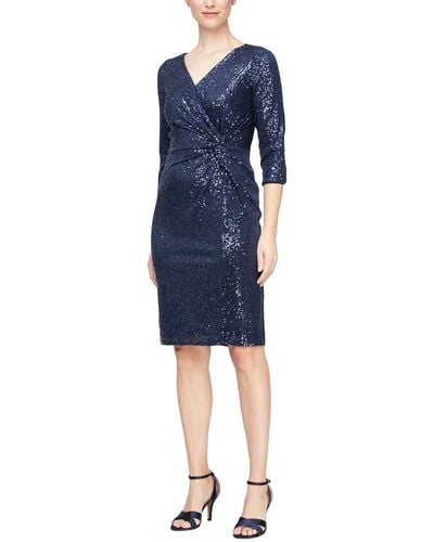 Alex Evenings Short Sheath Sequin Dress With Knot Front Detail And 3/4 Sleeves - Blue