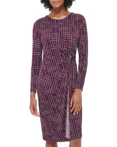 Calvin Klein Printed Faux Wrap Dress W/ Hardware - Purple