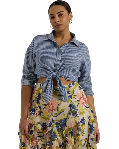 Lauren by Ralph Lauren Plus-size Striped Cotton Broadcloth Shirt - Blue