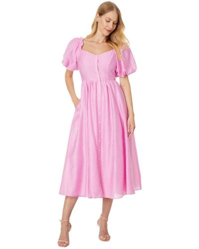 Cece Puff Sleeve Button Down Midi Dress - Pink