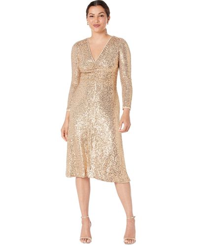 Maggy London Sequin Dress With Shirring At Waist And Slit - Metallic